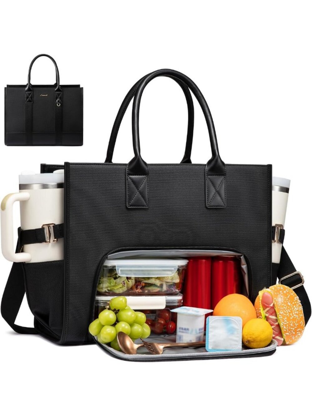 Stylish Waterproof Work Tote with Lunch Compartment & Tumbler Holder, 17 Inch